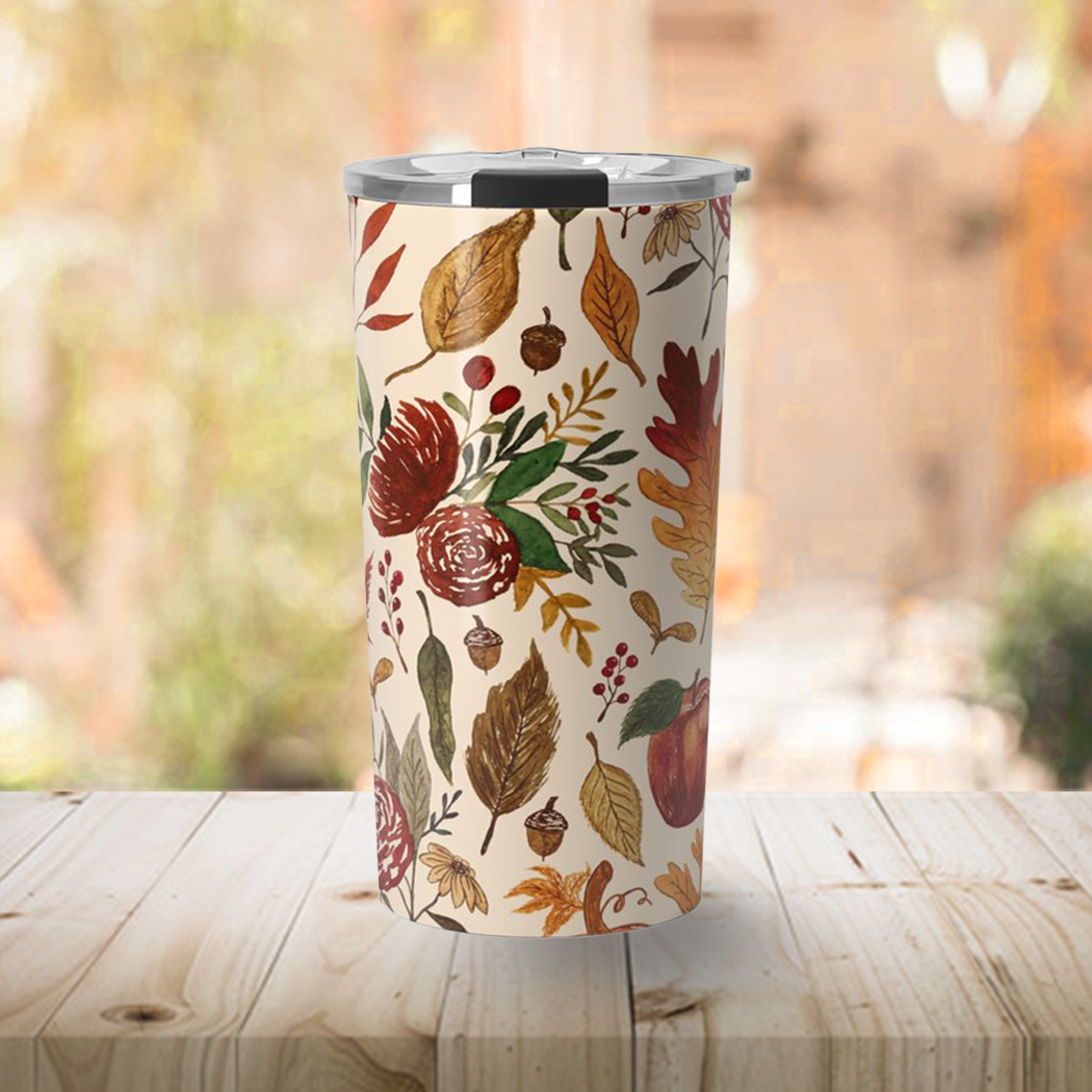 Watercolor Floral Pumpkin, Leaves, & Berries Travel Mug - Mystic Mug