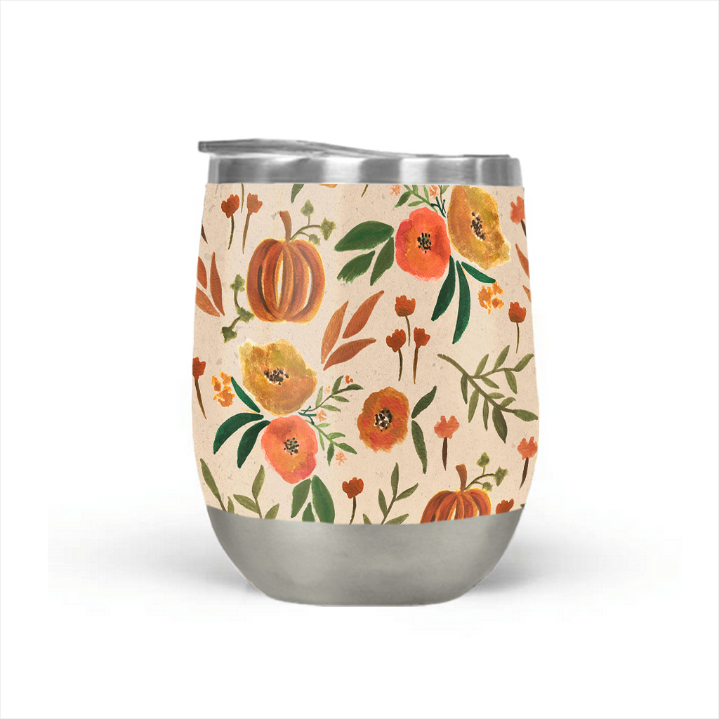 Floral Fall Pumpkin Stemless Wine Tumbler - Mystic Mug 