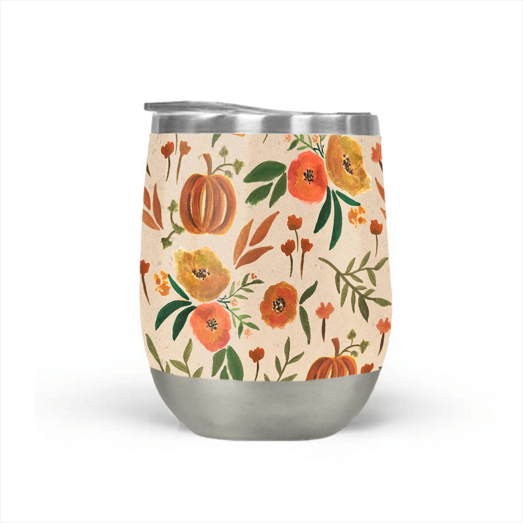 Floral Fall Pumpkin Stemless Wine Tumbler - Mystic Mug 