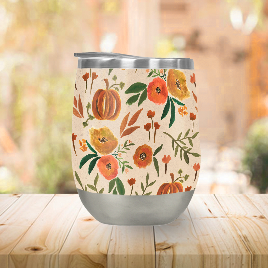 Floral Fall Pumpkin Stemless Wine Tumbler - Mystic Mug 