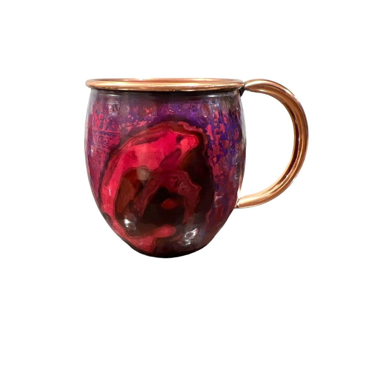 Set of Two Copper Barrel Mugs with Chiselled Skull (Day of the Dead), Hammered and Purple Marbled Finish - Mystic Mug 