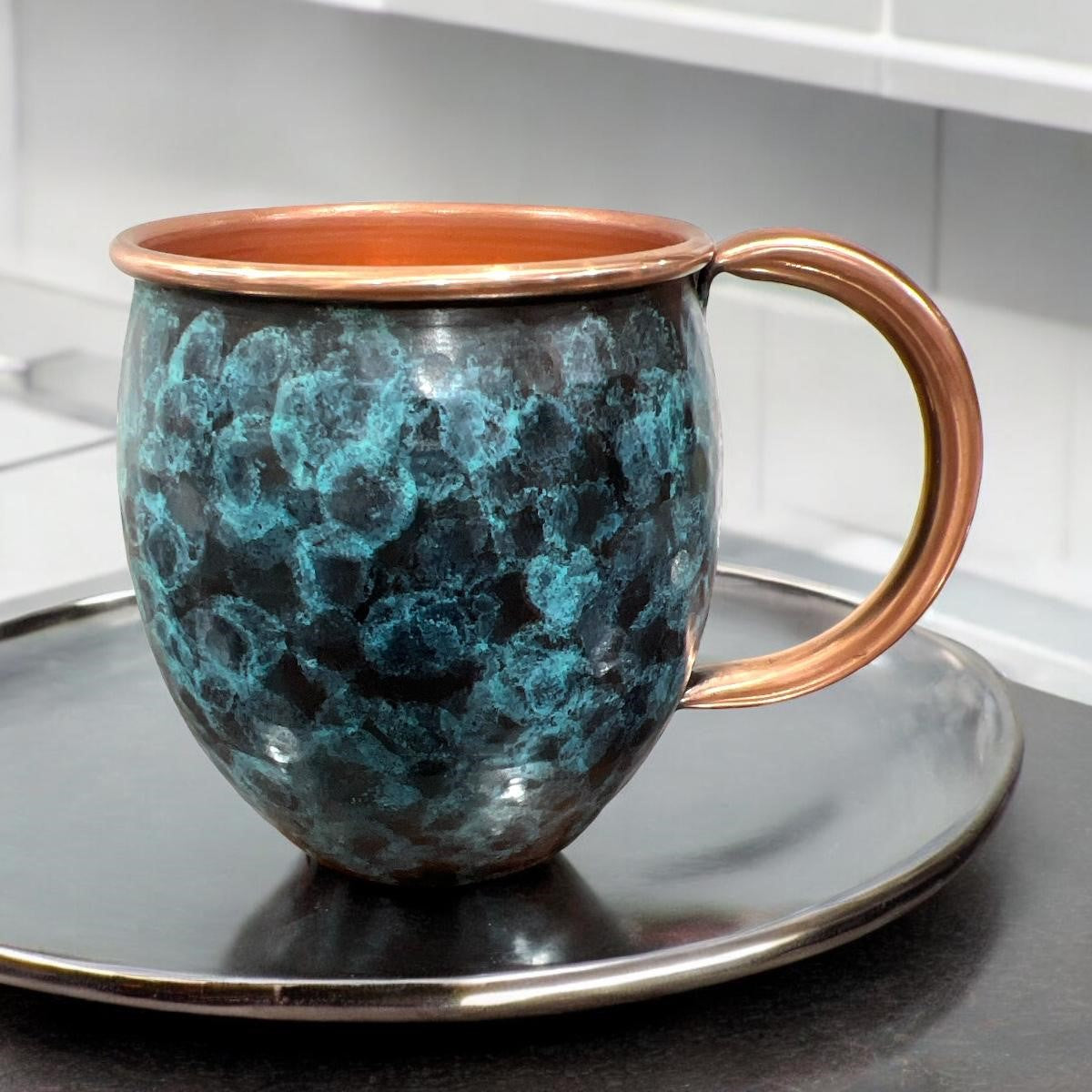 Set of Two Copper Barrel Mugs, Hammered and Stained Blue Patina - Mystic Mug 