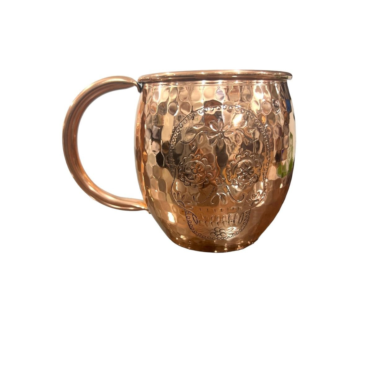 Set of Two Copper Barrel Mugs with Chiselled Skull (Day of the Dead), Hammered and Shiny Finish - Mystic Mug 