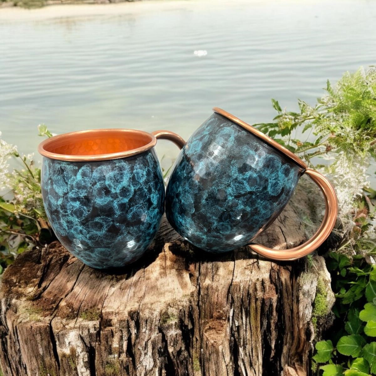 Set of Two Copper Barrel Mugs, Hammered and Stained Blue Patina - Mystic Mug 