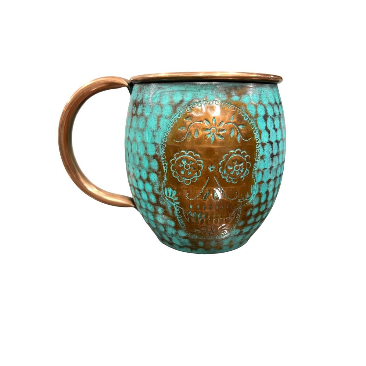 Set of Two Copper Barrel Mugs with Chiselled Skull (Day of the Dead), Hammered and Turquoise Patina - Mystic Mug 