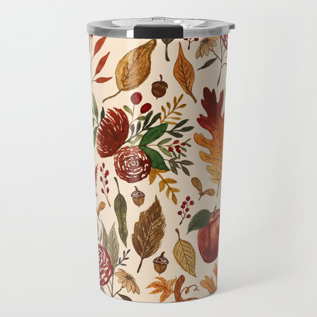 Watercolor Floral Pumpkin, Leaves, & Berries Travel Mug - Mystic Mug 