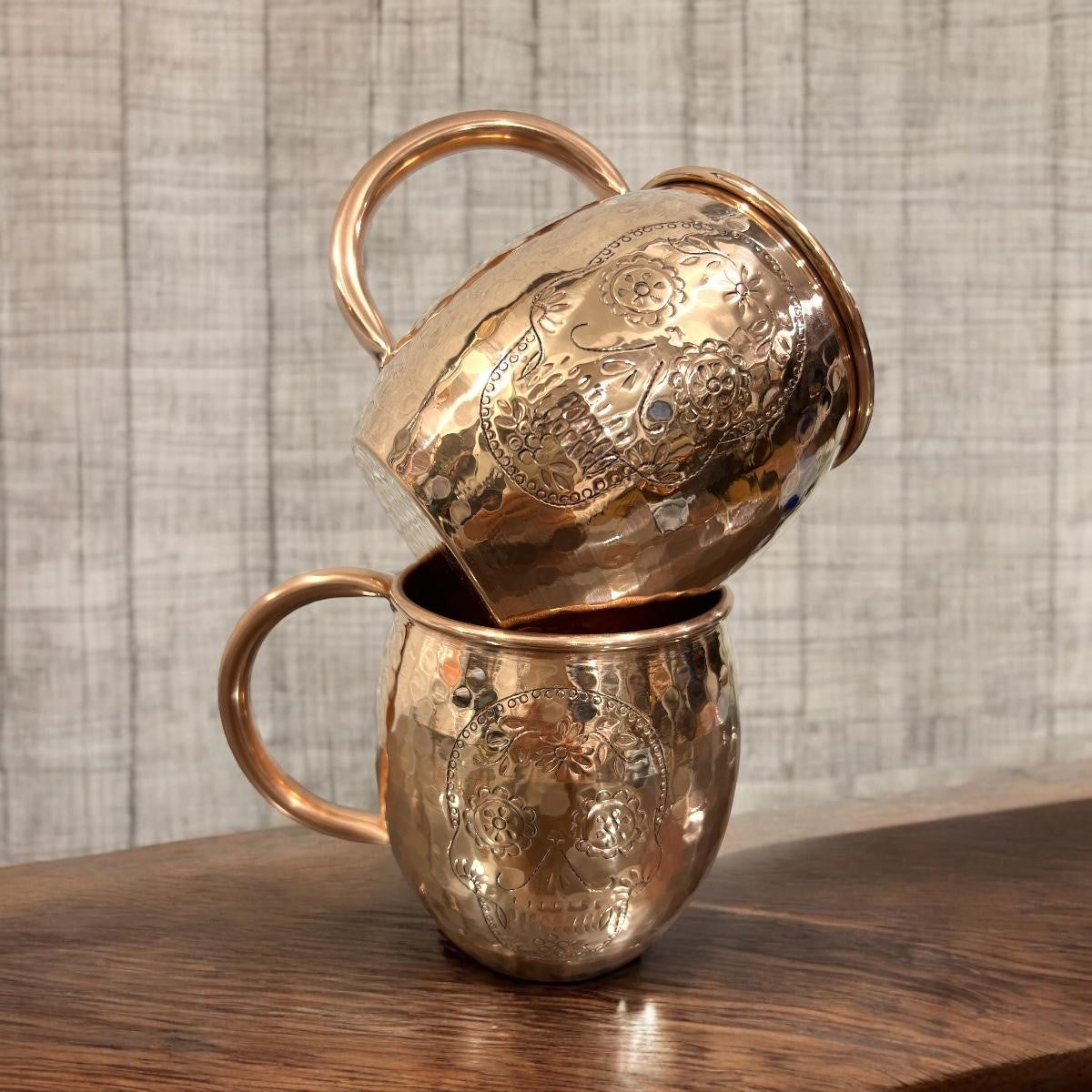 Set of Two Copper Barrel Mugs with Chiselled Skull (Day of the Dead), Hammered and Shiny Finish - Mystic Mug 