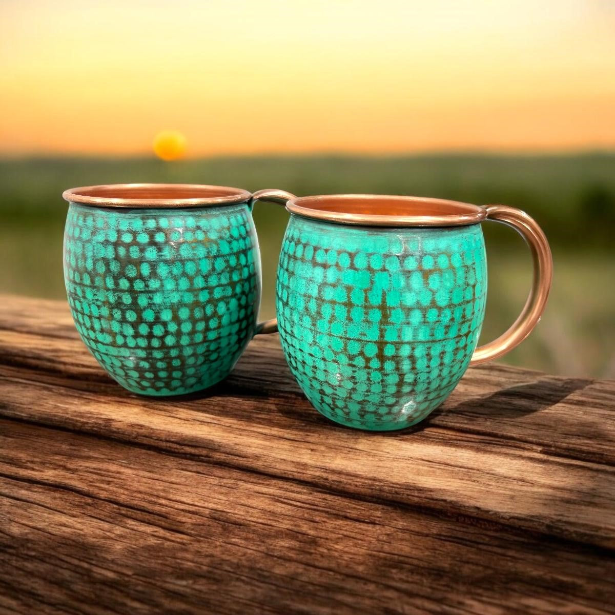 Set of Two Copper Barrel Mugs, Hammered and Mint Patina - Mystic Mug 