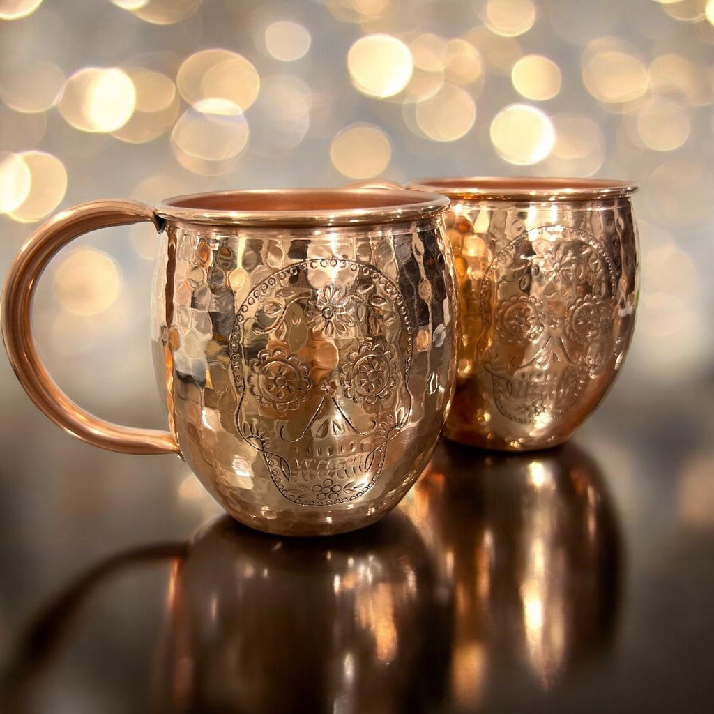 Set of Two Copper Barrel Mugs with Chiselled Skull (Day of the Dead), Hammered and Shiny Finish - Mystic Mug 