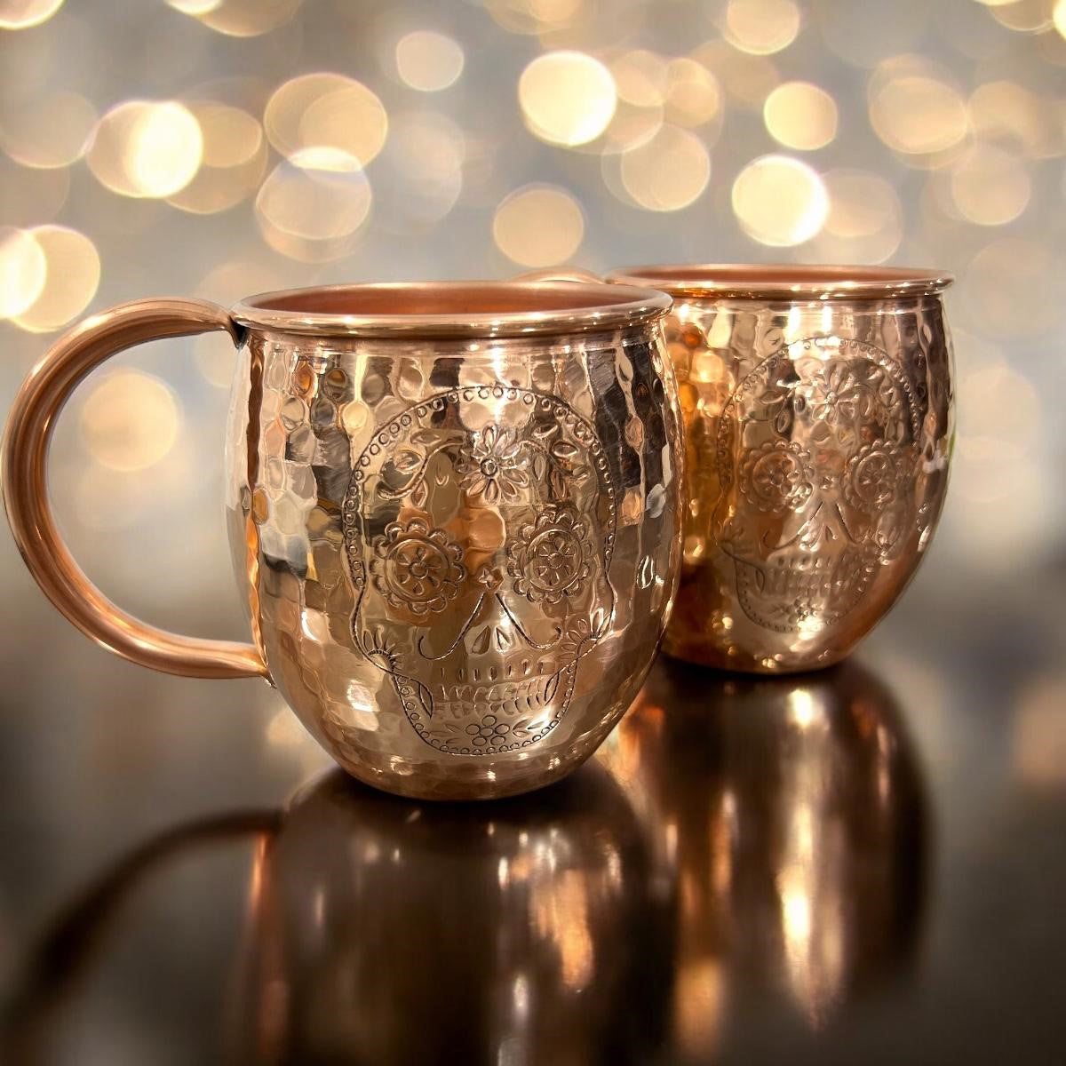 Set of Two Copper Barrel Mugs with Chiselled Skull (Day of the Dead), Hammered and Shiny Finish - Mystic Mug 