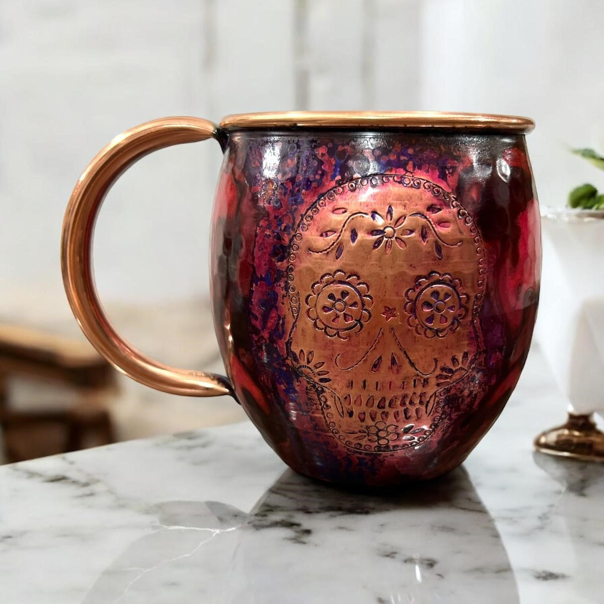 Set of Two Copper Barrel Mugs with Chiselled Skull (Day of the Dead), Hammered and Purple Marbled Finish - Mystic Mug 