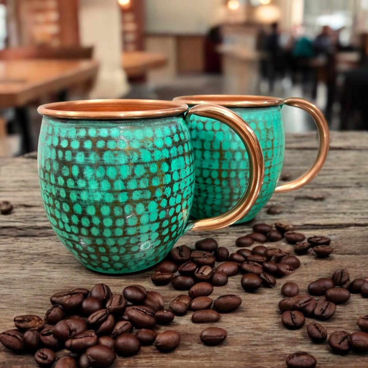 Set of Two Copper Barrel Mugs, Hammered and Mint Patina - Mystic Mug 