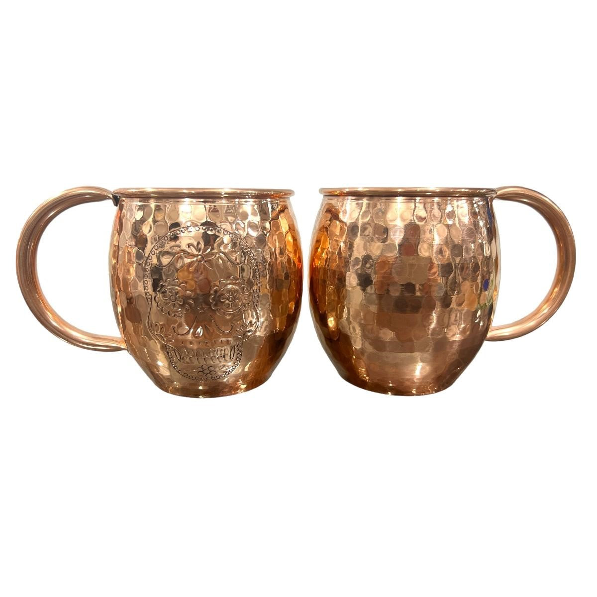 Set of Two Copper Barrel Mugs with Chiselled Skull (Day of the Dead), Hammered and Shiny Finish - Mystic Mug 
