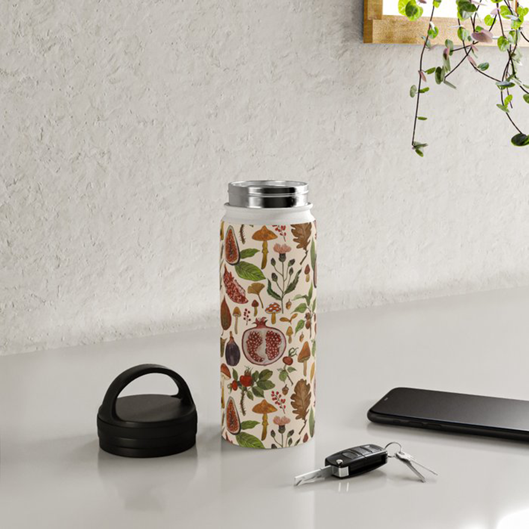 Rose Hips, Fruit, and Leaves Handle Lid Water Bottle - Mystic Mug 