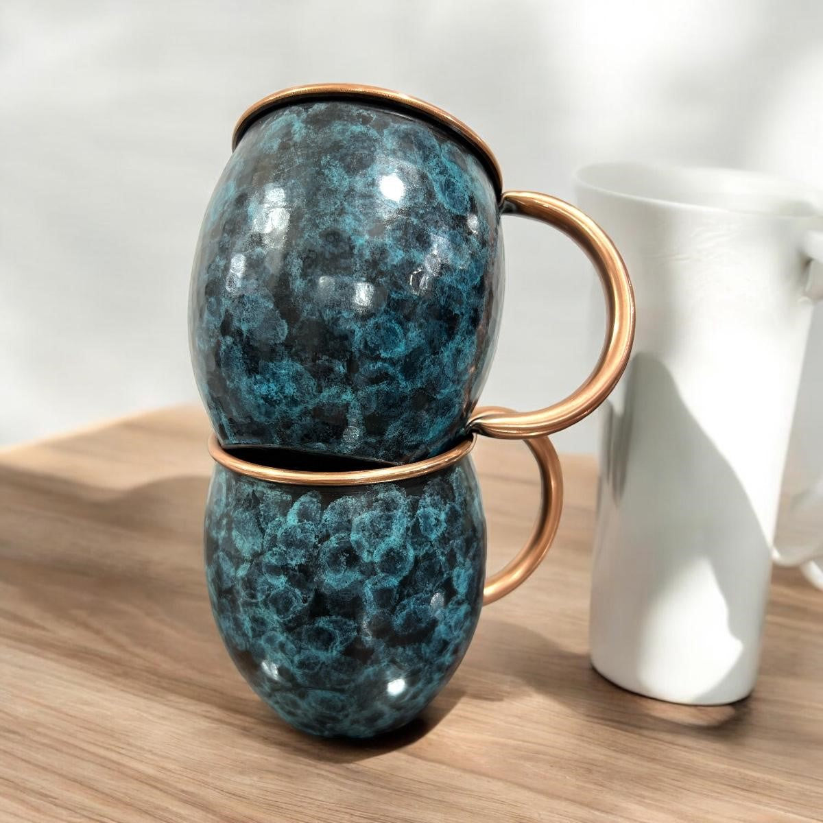 Set of Two Copper Barrel Mugs, Hammered and Stained Blue Patina - Mystic Mug 