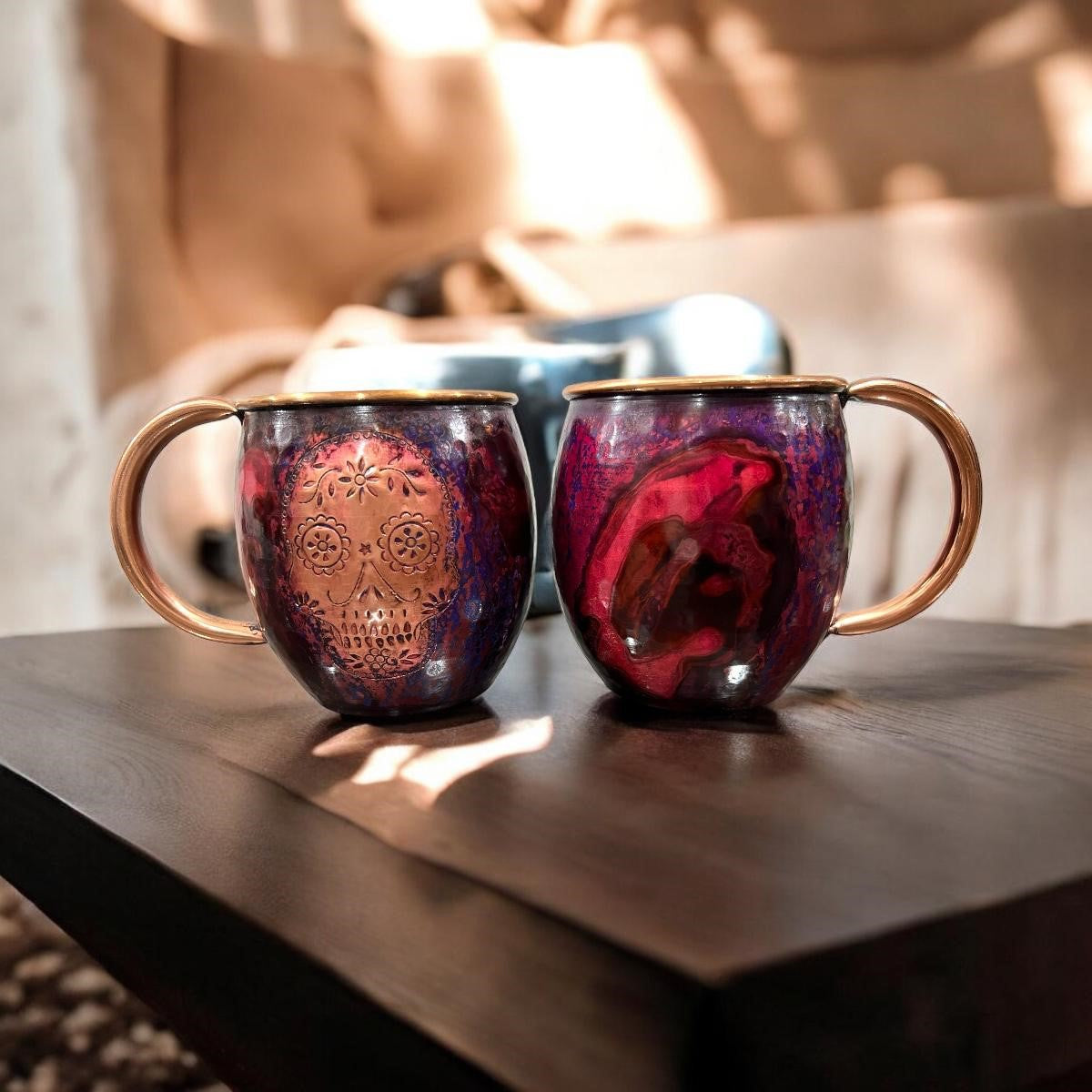 Set of Two Copper Barrel Mugs with Chiselled Skull (Day of the Dead), Hammered and Purple Marbled Finish - Mystic Mug 