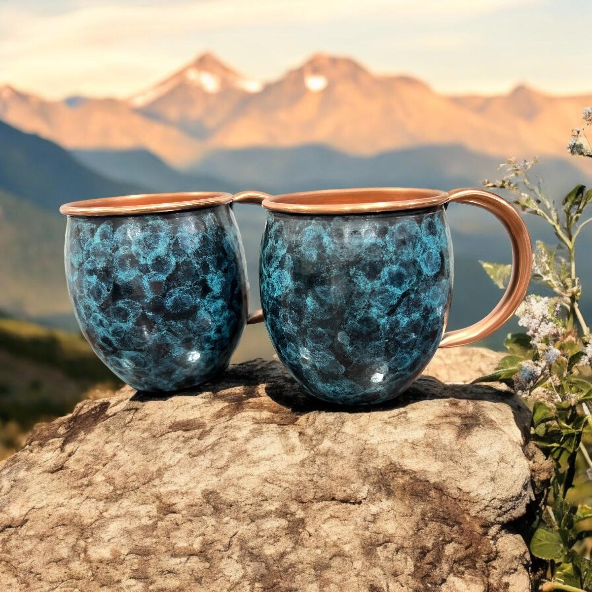 Set of Two Copper Barrel Mugs, Hammered and Stained Blue Patina - Mystic Mug 