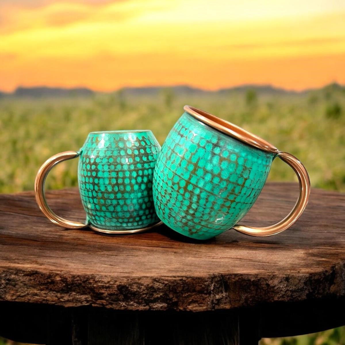 Set of Two Copper Barrel Mugs, Hammered and Mint Patina - Mystic Mug 