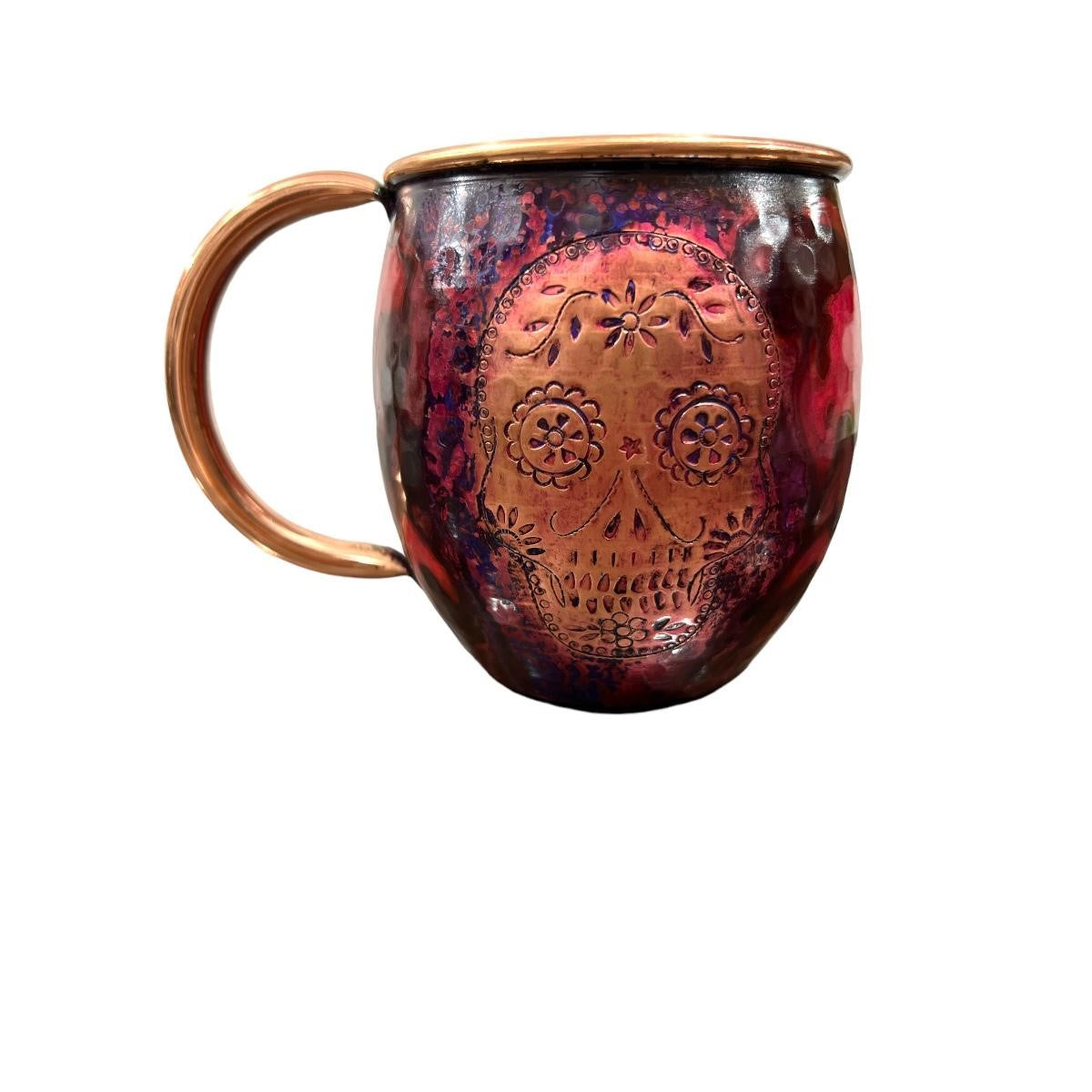 Set of Two Copper Barrel Mugs with Chiselled Skull (Day of the Dead), Hammered and Purple Marbled Finish - Mystic Mug 