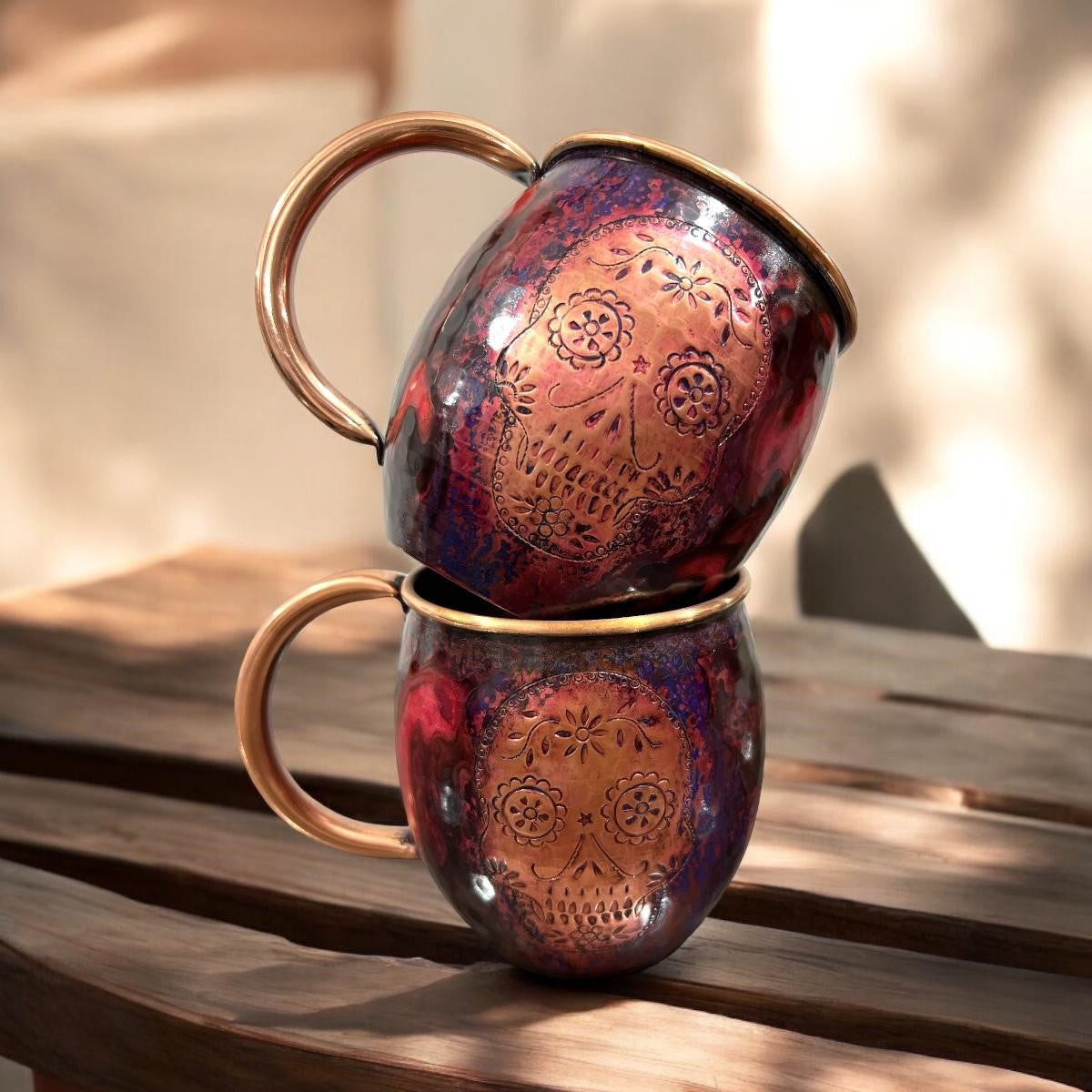 Set of Two Copper Barrel Mugs with Chiselled Skull (Day of the Dead), Hammered and Purple Marbled Finish - Mystic Mug 