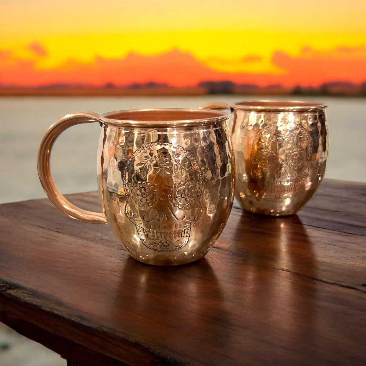Set of Two Copper Barrel Mugs with Chiselled Skull (Day of the Dead), Hammered and Shiny Finish - Mystic Mug 