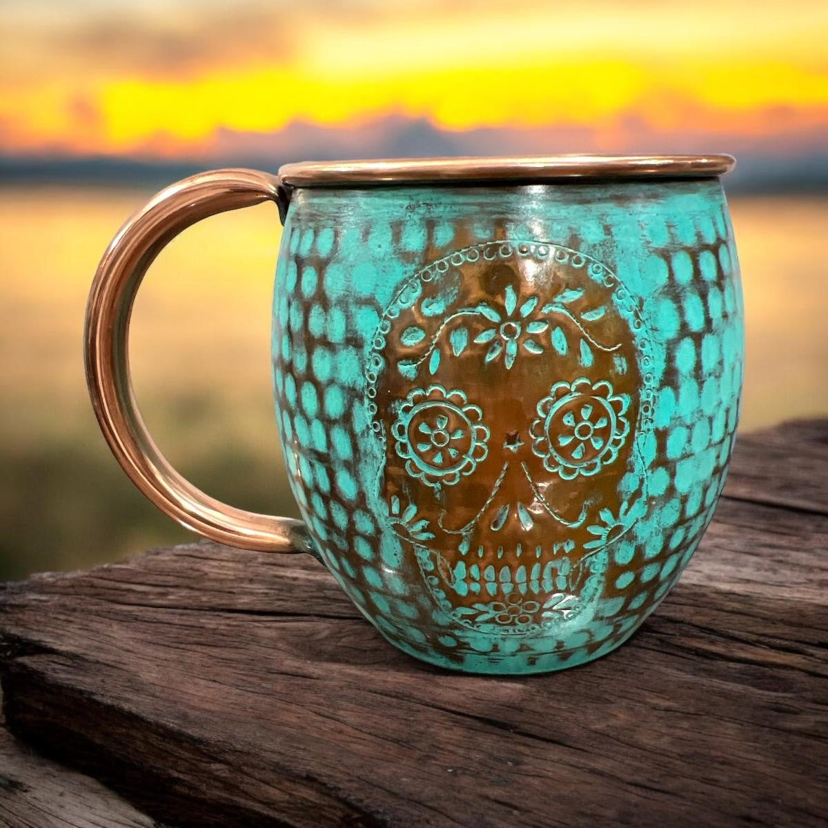 Set of Two Copper Barrel Mugs with Chiselled Skull (Day of the Dead), Hammered and Turquoise Patina - Mystic Mug 