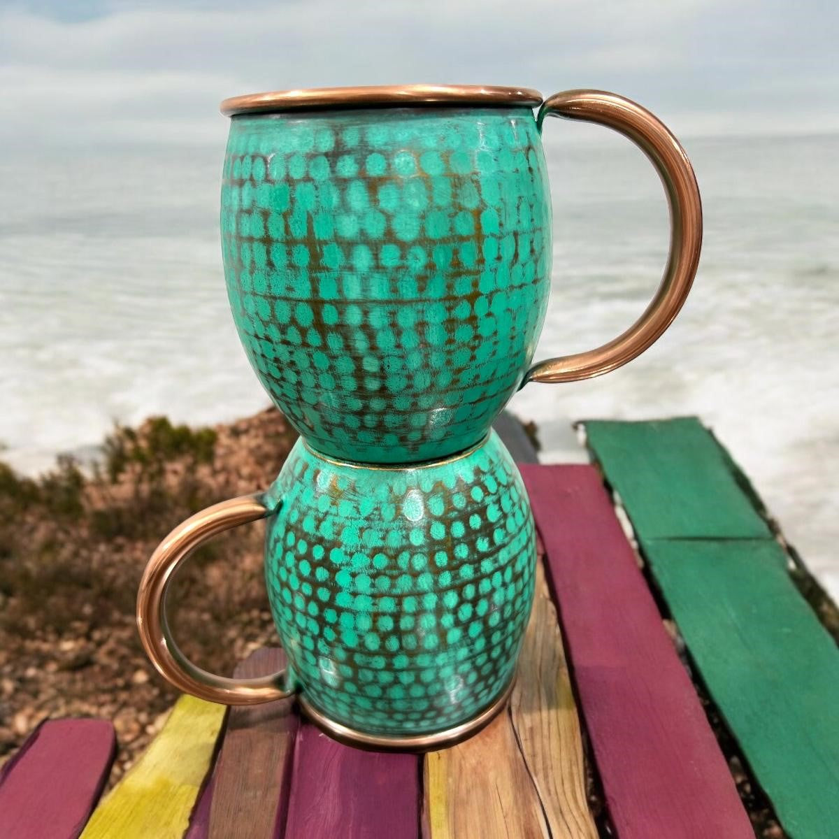 Set of Two Copper Barrel Mugs, Hammered and Mint Patina - Mystic Mug 