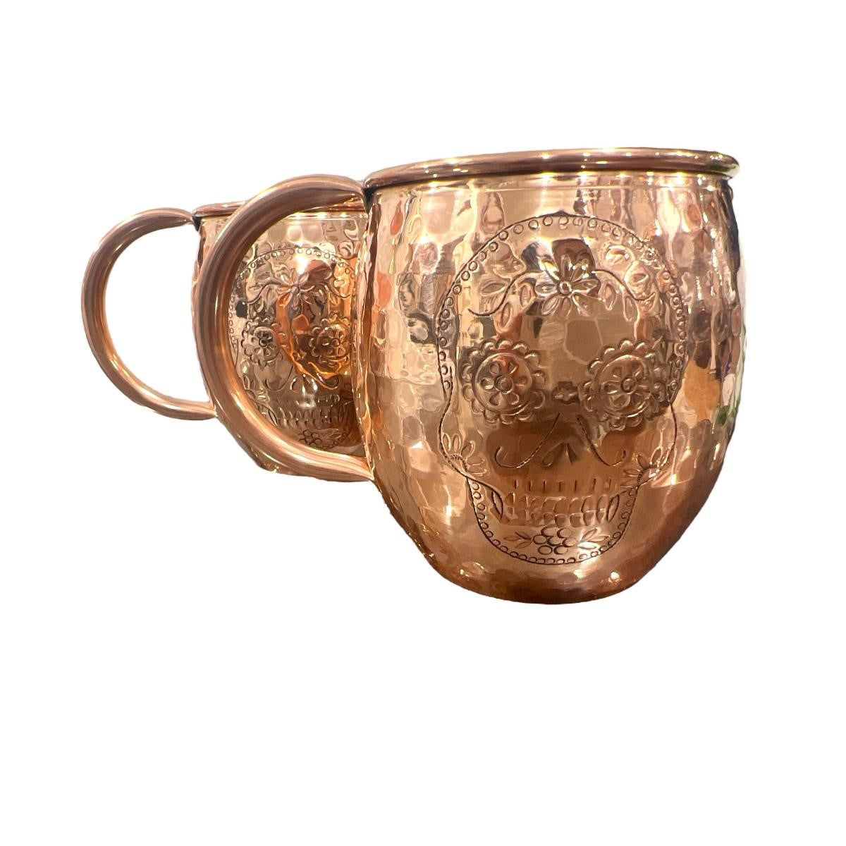 Set of Two Copper Barrel Mugs with Chiselled Skull (Day of the Dead), Hammered and Shiny Finish - Mystic Mug 